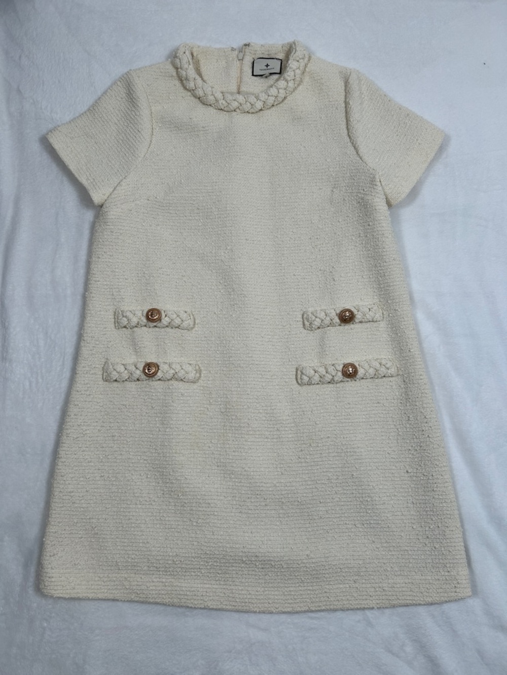 Tuckernuck Tweed Jackie Dress Women’s Large Cream Rose Gold Button Short Sleeve